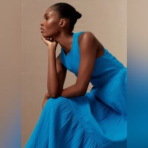 Me+em blue cheesecloth shirred halter neck maxi dress open back size 4